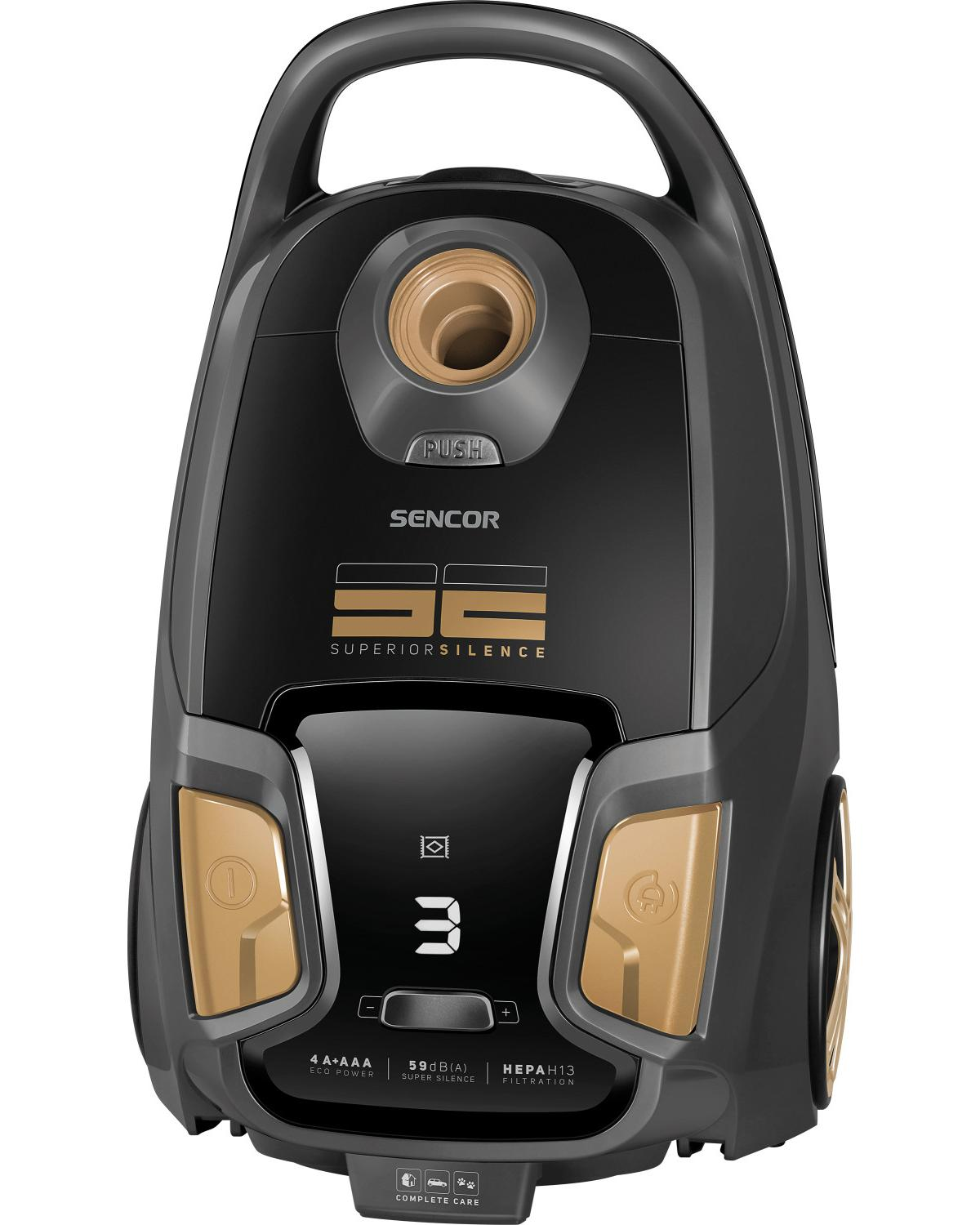 Black Sencor vacuum cleaner with gold accents and digital display.