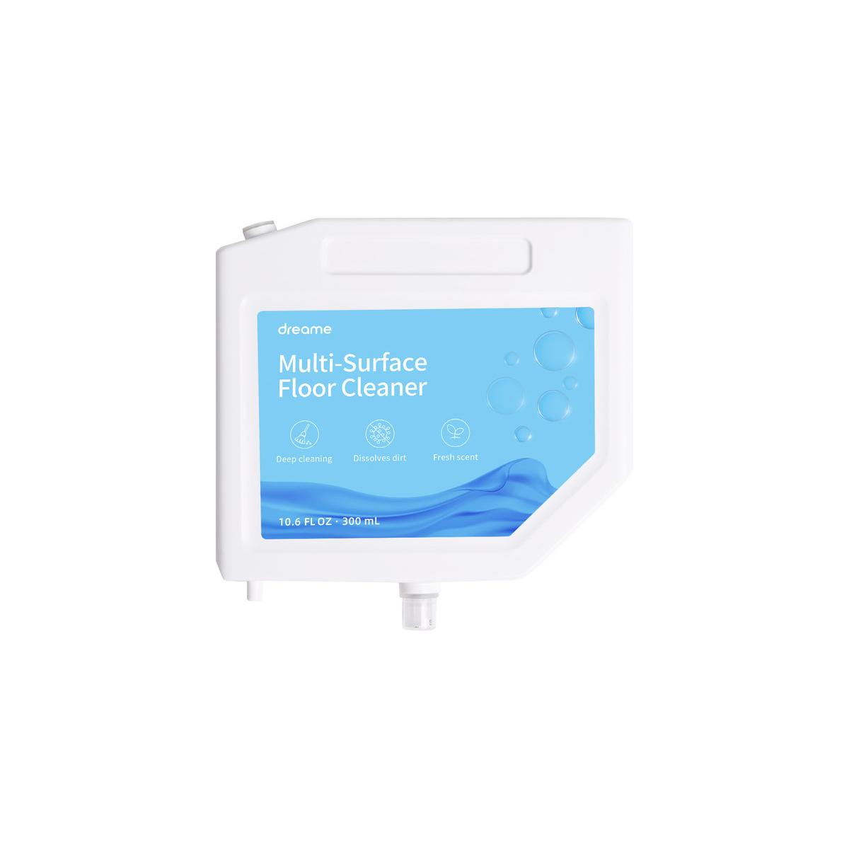 Un contenitore bianco con etichetta 'Multi-Surface Floor Cleaner'.