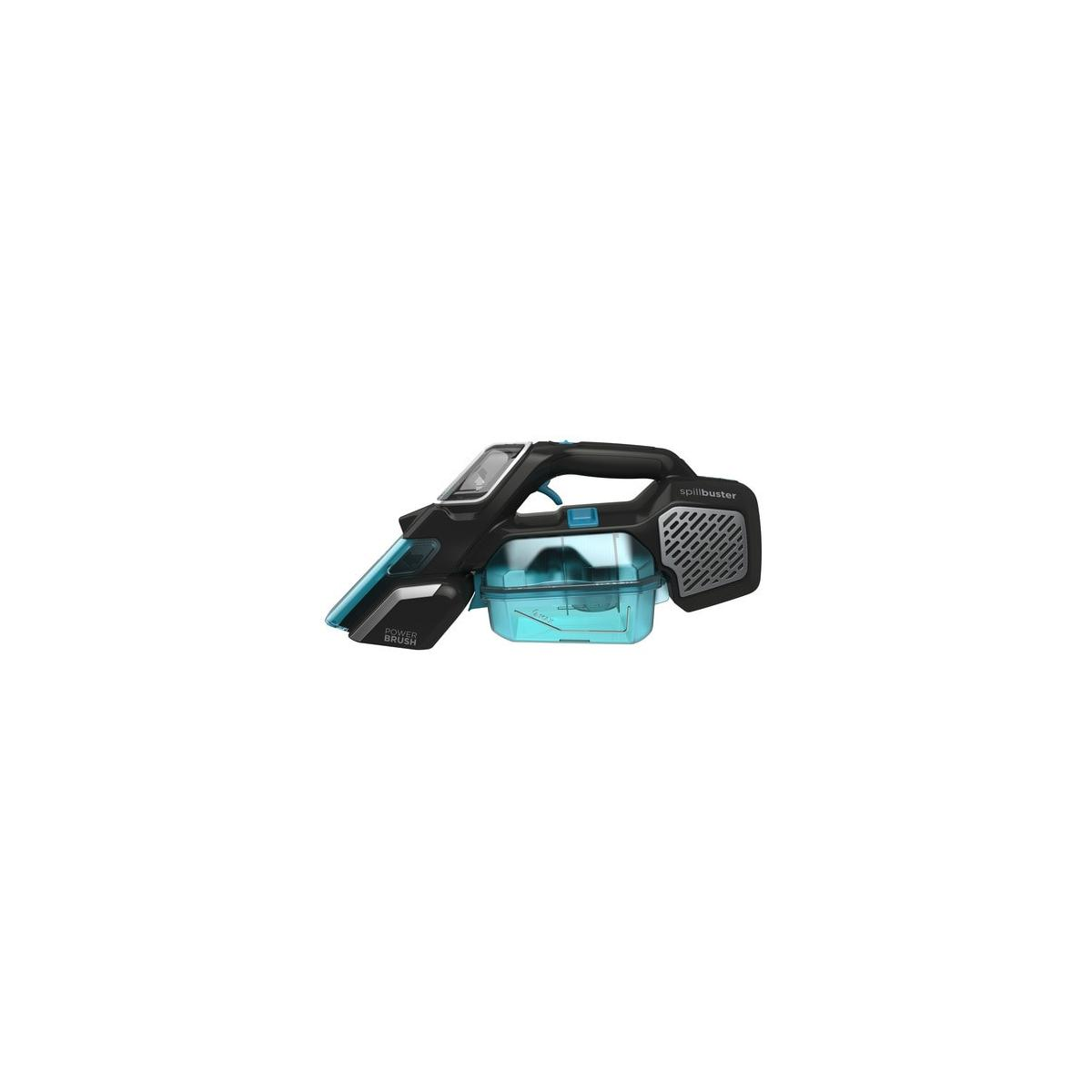 Aspirapolvere portatile nero e blu con serbatoio blu e scritta Power Brush.