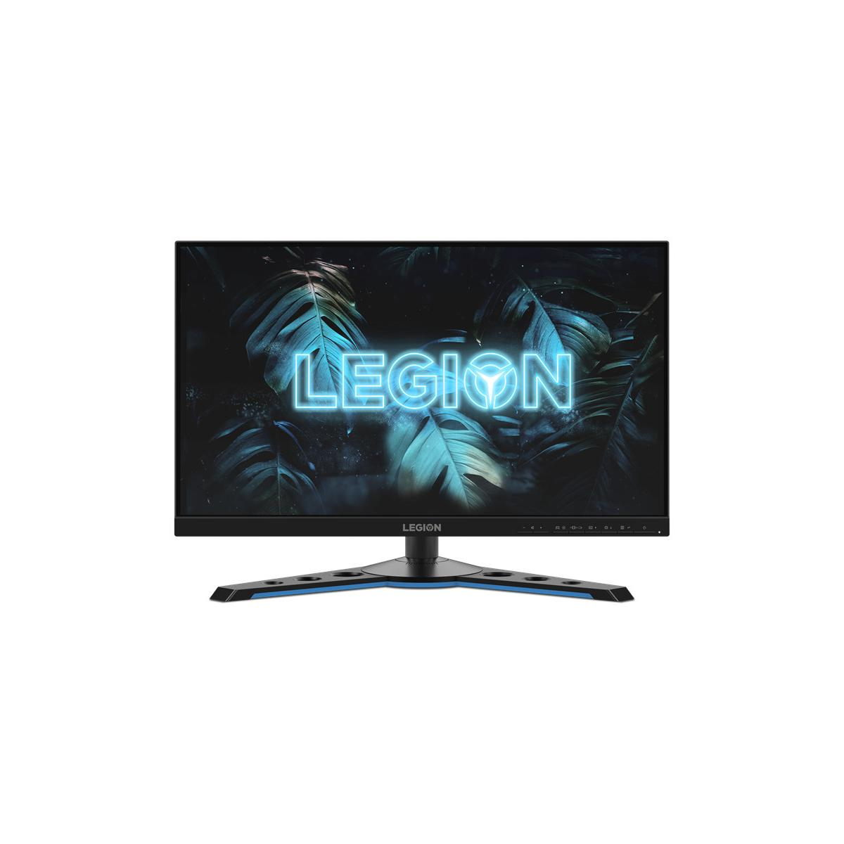 A black gaming monitor displaying the blue "LEGION" logo.