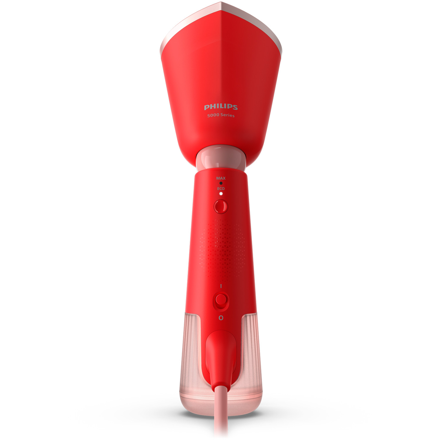 Roter Philips Handdampfglätter mit Netzschalter und Moduswahltasten.