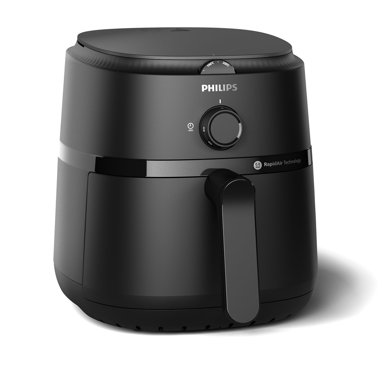 Zwarte Philips airfryer met timer en temperatuurregelaar.