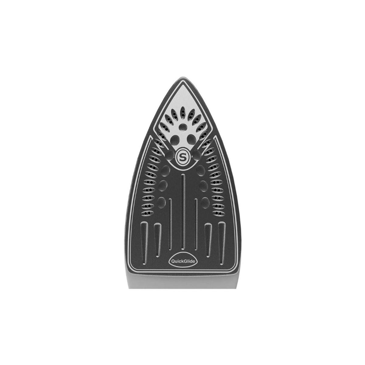 The sole plate of an iron with steam holes and an 'S' logo.