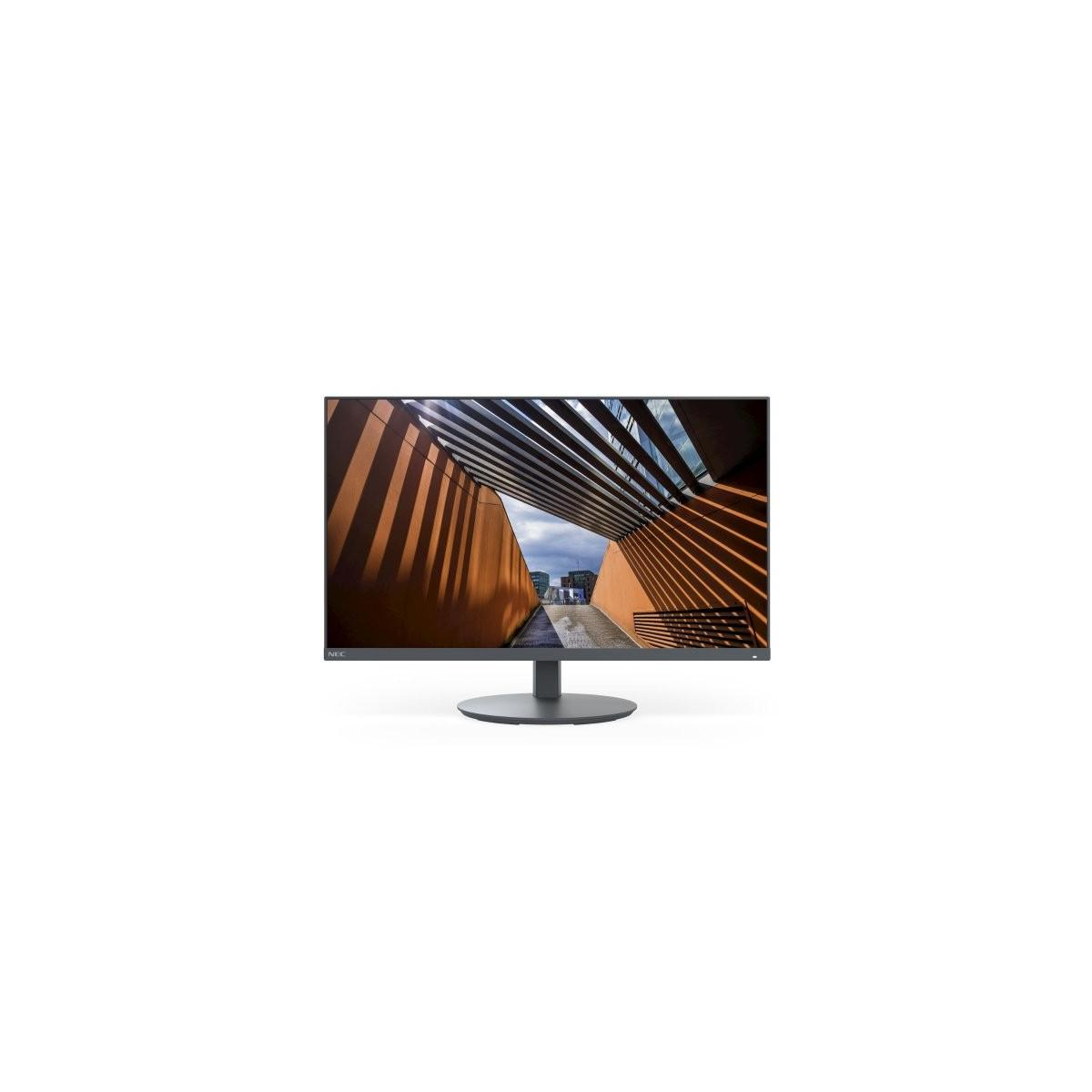 Un monitor NEC mostra un edificio moderno con pareti marroni e travi metalliche.