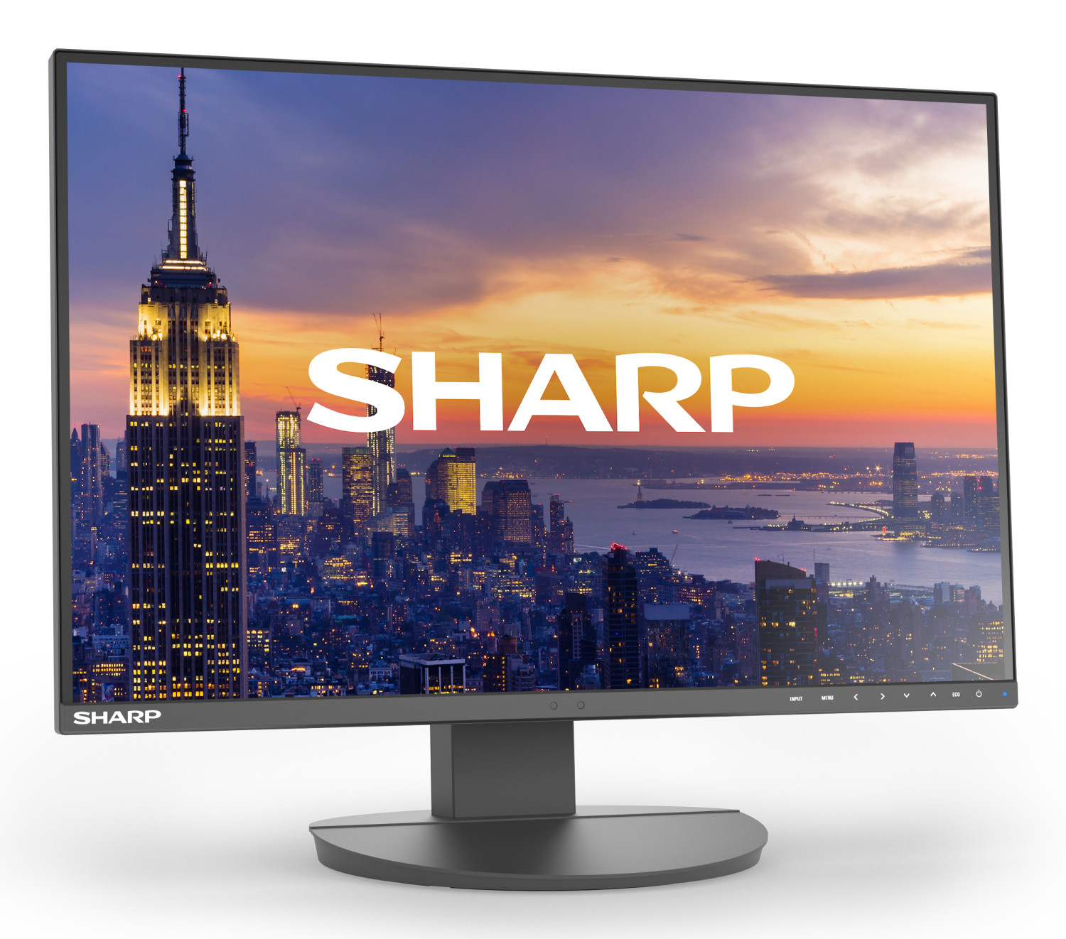 Monitor wyświetla Nowy Jork o zachodzie słońca z logo SHARP.