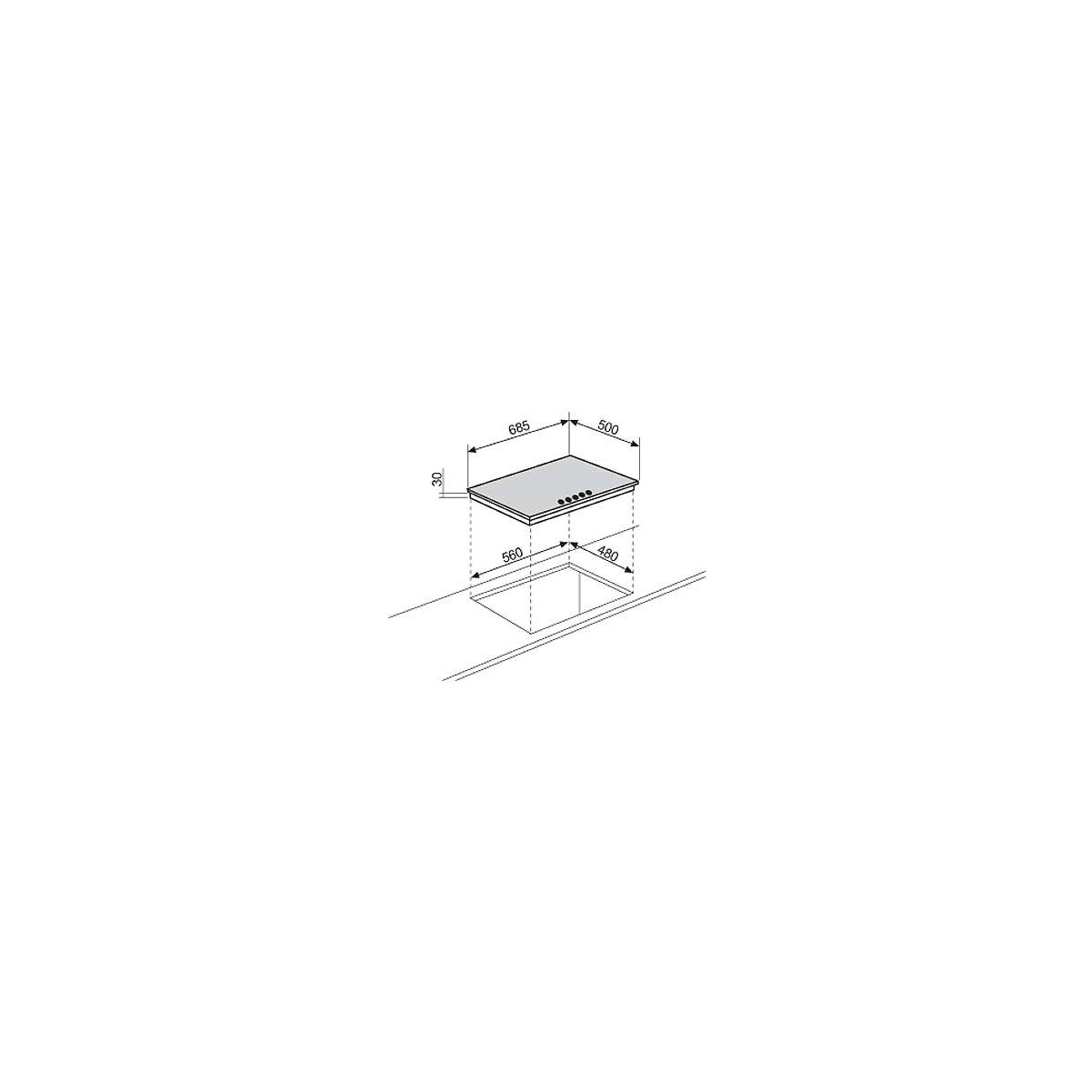 Piano cottura da incasso con dimensioni e zone.