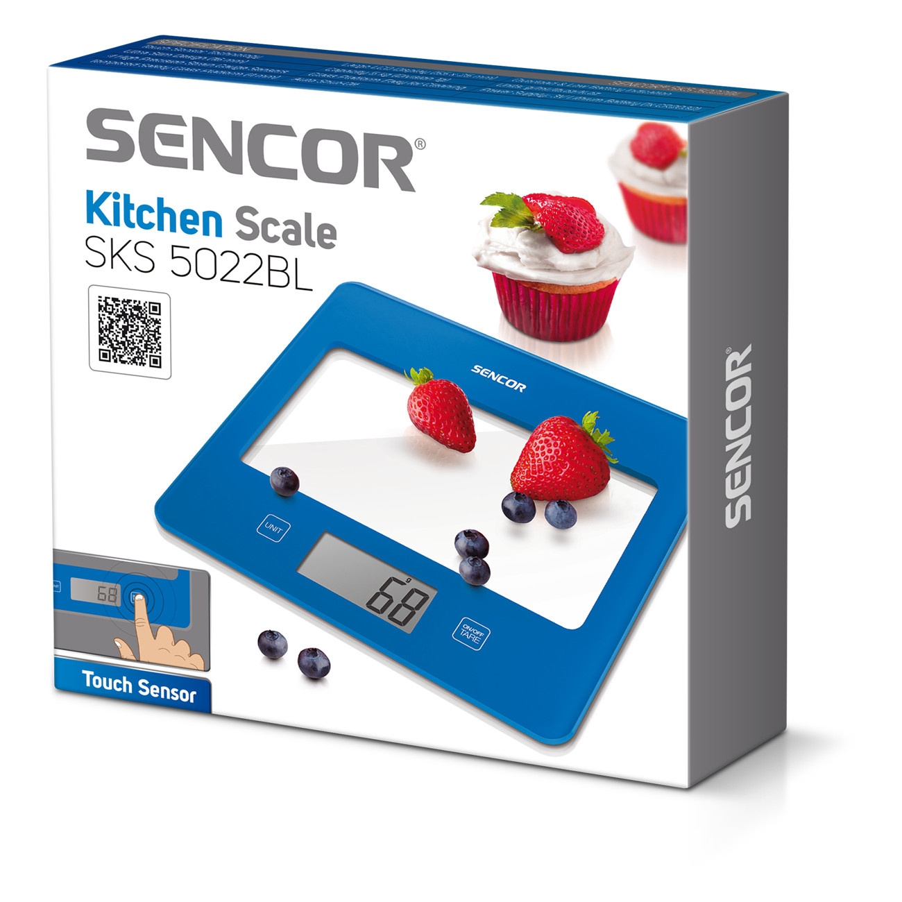 Bilancia da cucina SENCOR blu con fragole e mirtilli, display digitale.
