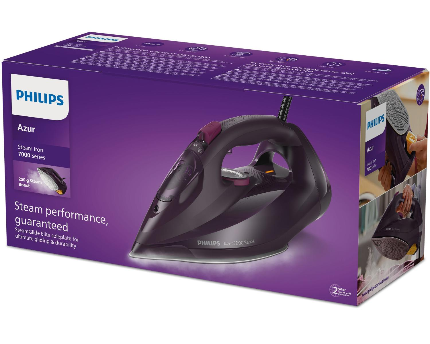 Philips Azur Dampfbügeleisen 7000 Serie auf violettem Karton.