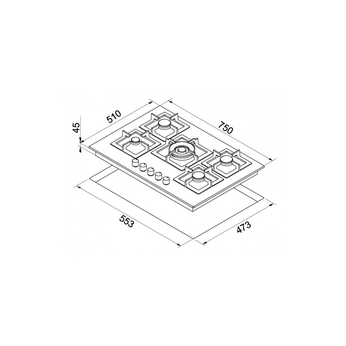 Dibujo técnico de una placa de gas de cinco quemadores con dimensiones.