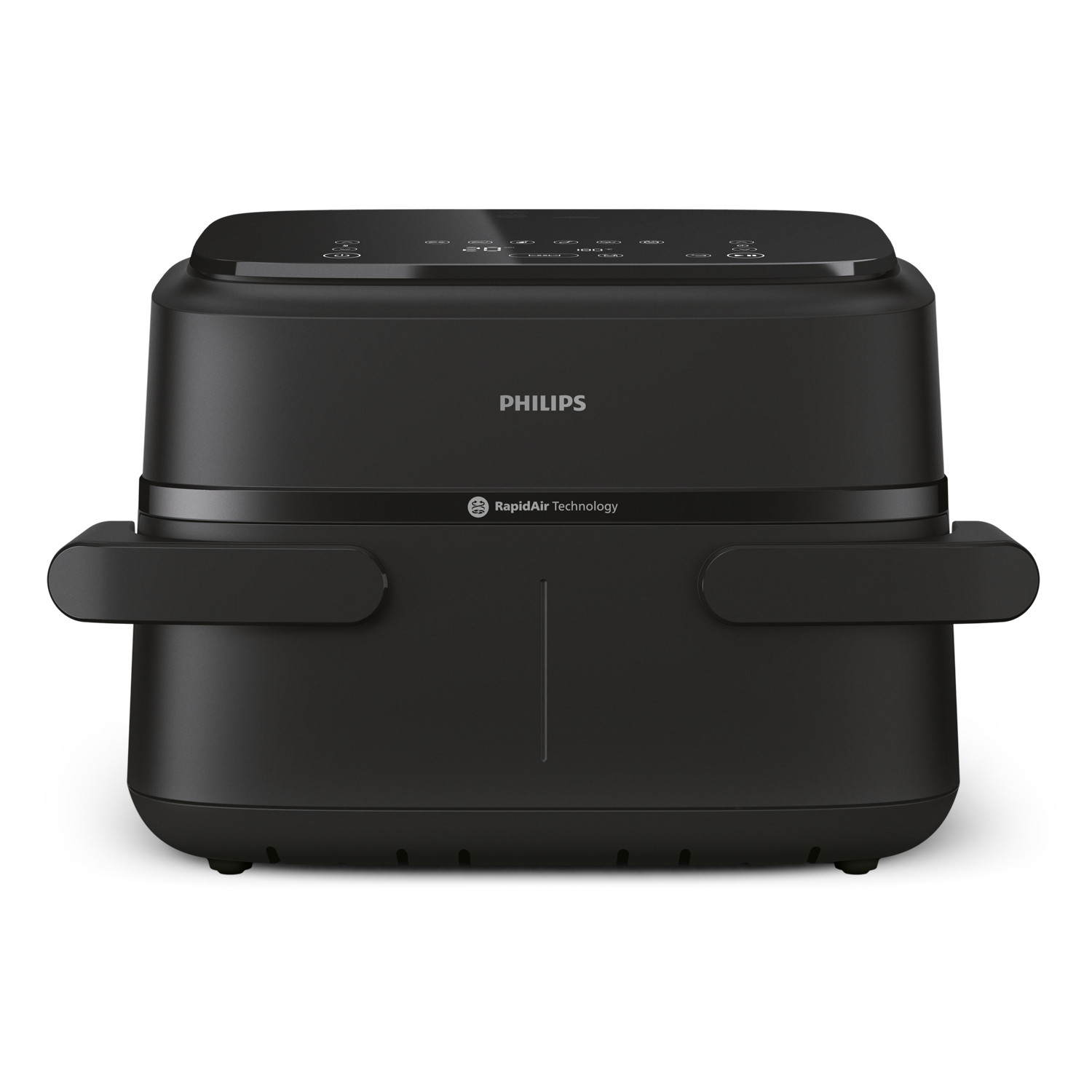 Zwarte Philips airfryer met digitale bediening en handvatten.