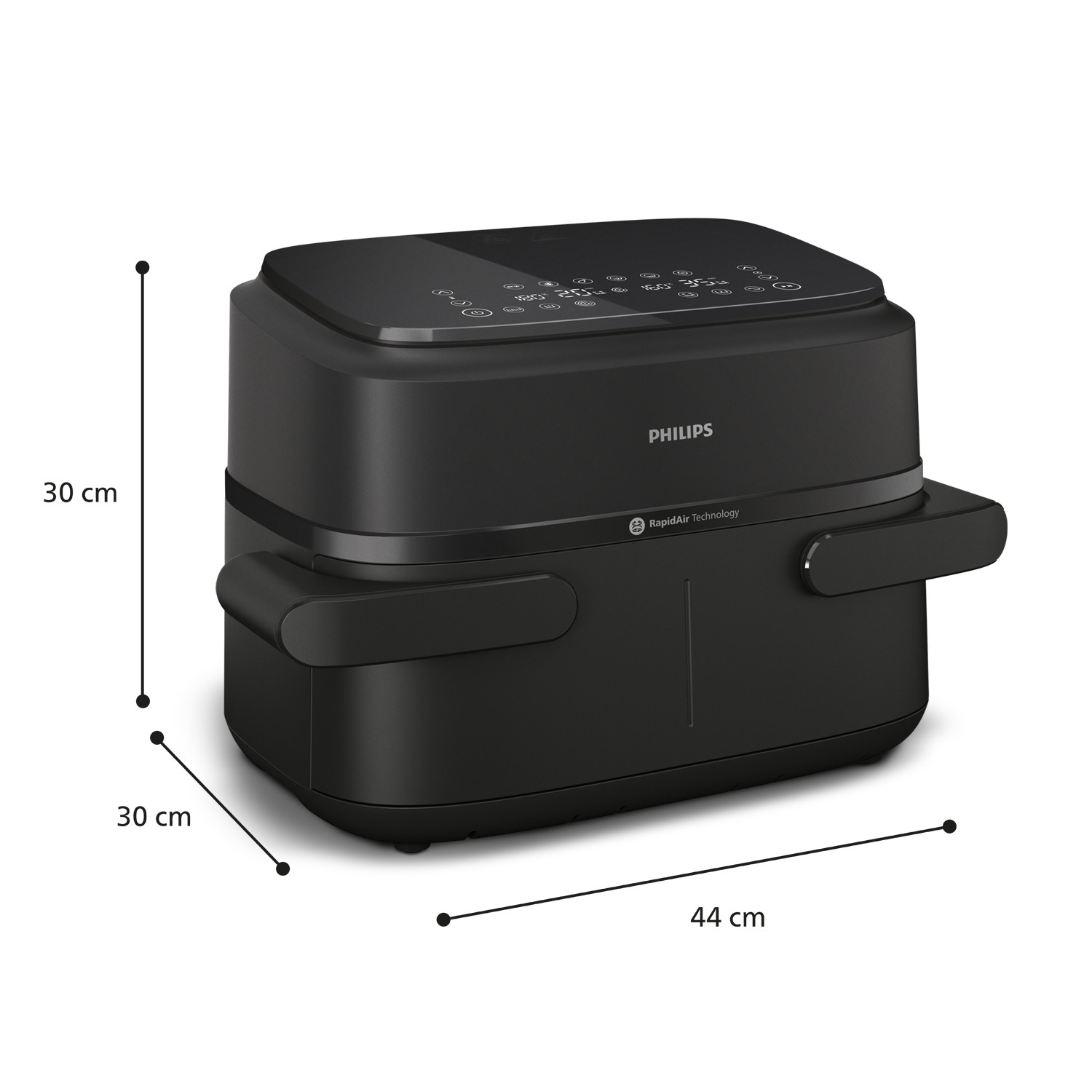 Zwarte Philips airfryer met digitale bediening en afmetingen. 30cm hoog, 44cm breed.