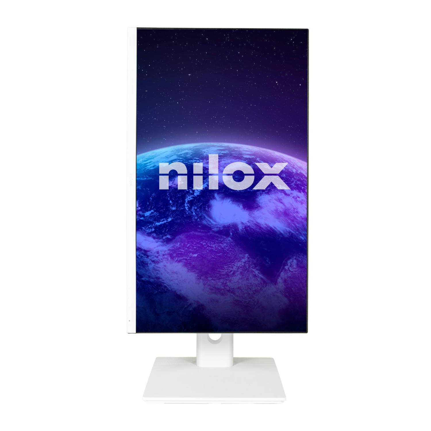 Ein weißer Monitor mit einem Bild der Erde und dem Logo "nilox" im Weltraum.