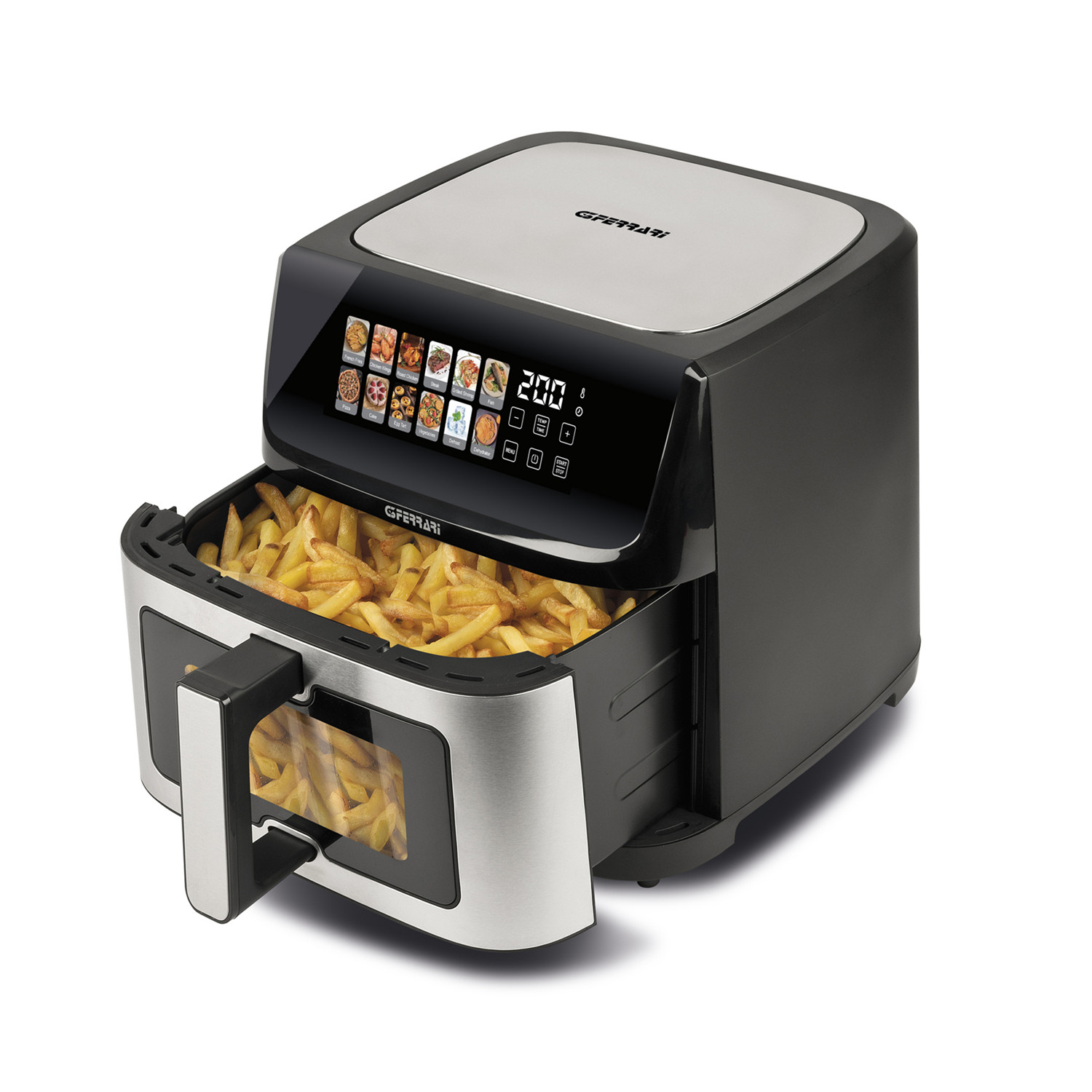 Una friggitrice ad aria G3Ferrari nera piena di patatine fritte.
