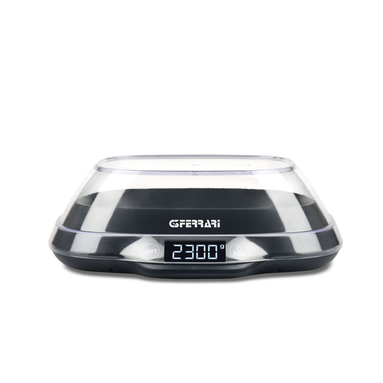 Eine schwarze digitale Küchenwaage mit transparenter Abdeckung und Display (2300g).