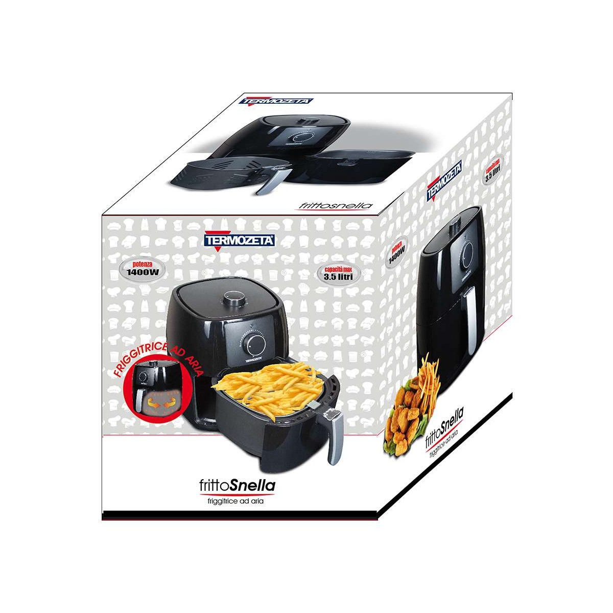 Scatola di friggitrice ad aria nera con immagini di cibi fritti e apparecchi.