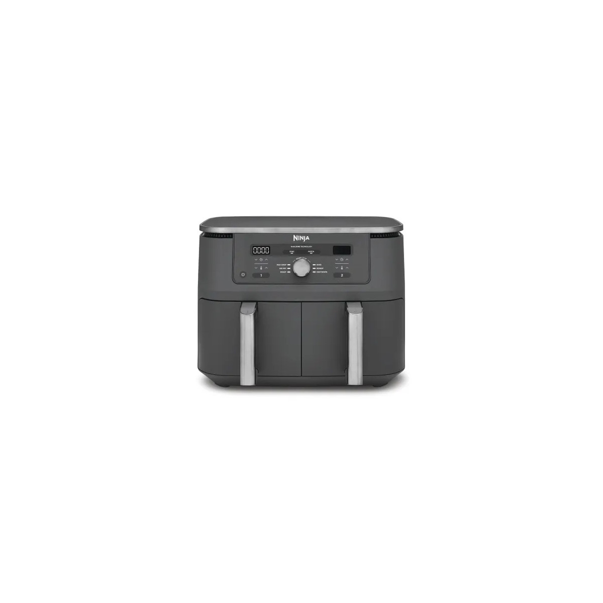 Una friggitrice ad aria Ninja grigio scuro a doppio cestello con display digitale.