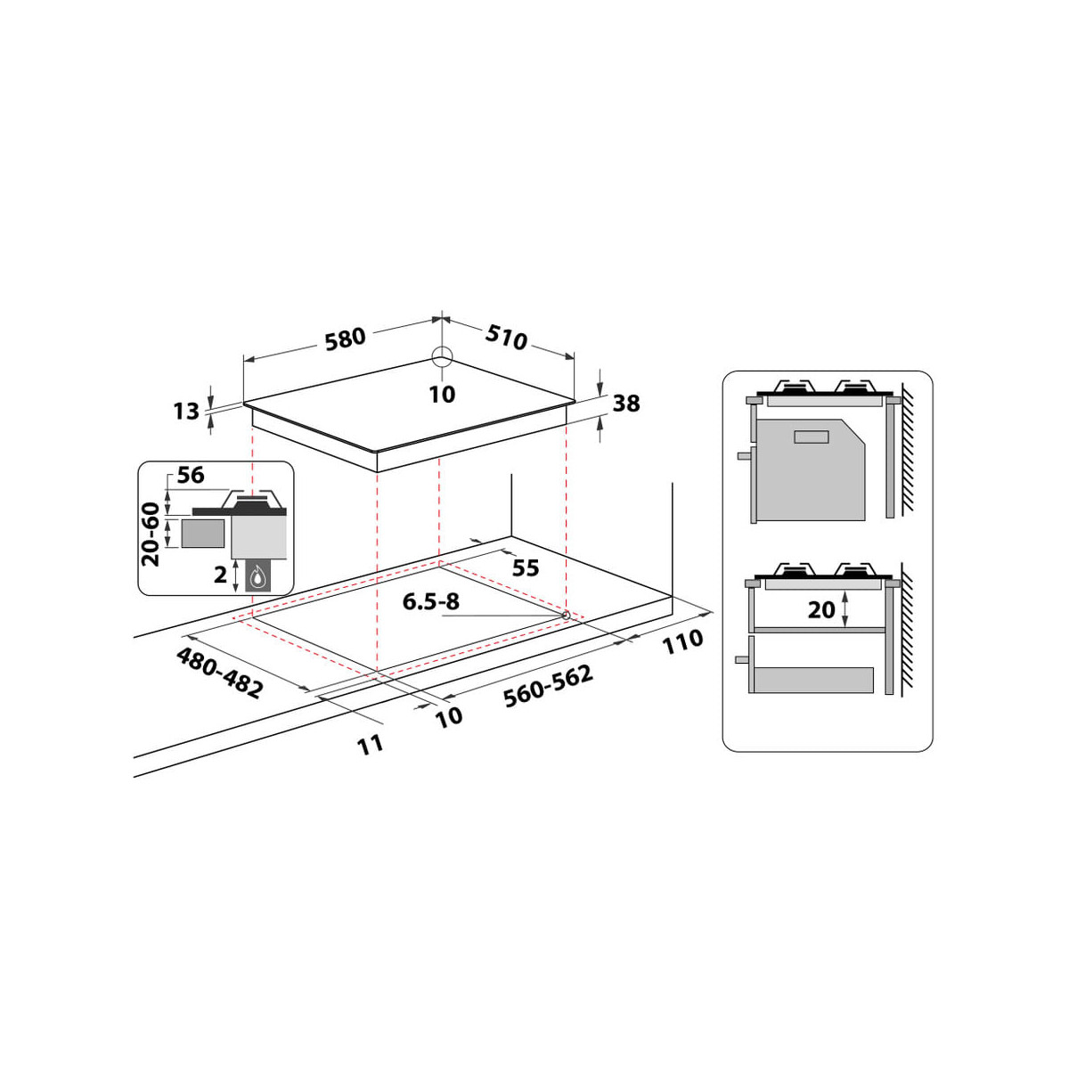 Disegno tecnico di un piano cottura con dimensioni e schema.