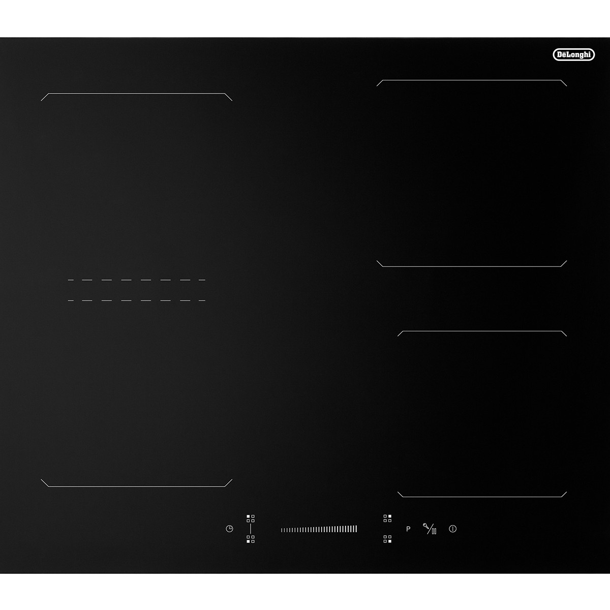 Piano cottura a induzione nero con quattro zone di cottura e controlli touch.