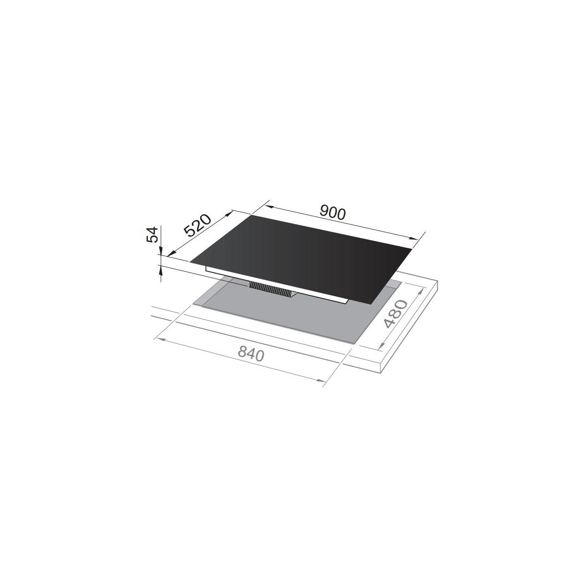 Rysunek techniczny płyty grzewczej 900x520x54 mm, wymiar montażowy 840x480 mm.