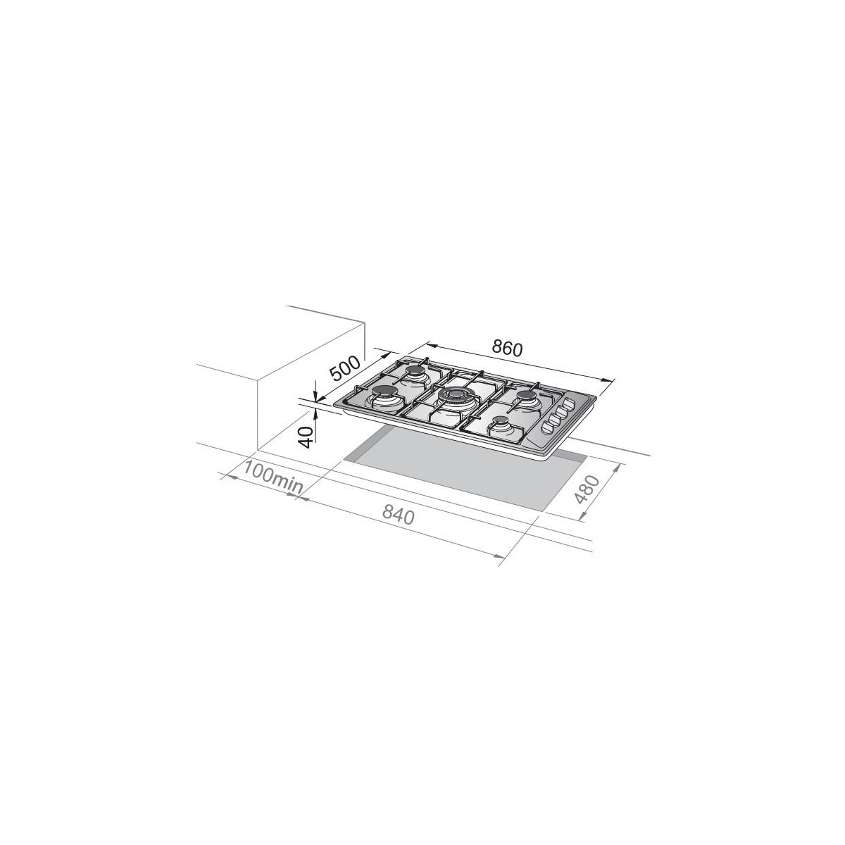 Dibujo técnico de una placa de gas con dimensiones.
