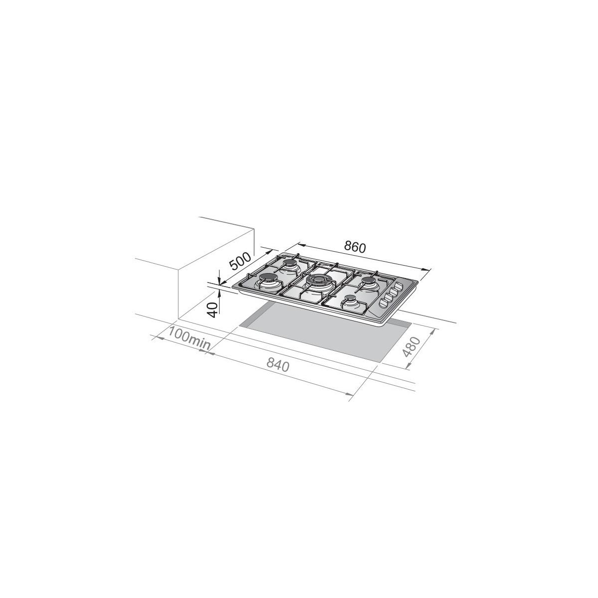 Technische tekening van een gaskookplaat met afmetingen. Toont vier branders en bedieningsknoppen.