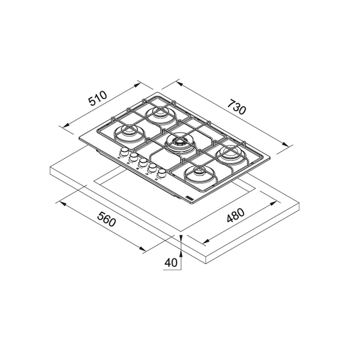 Disegno tecnico di un piano cottura a gas dimensioni 730x510 mm e foro 480x560 mm.
