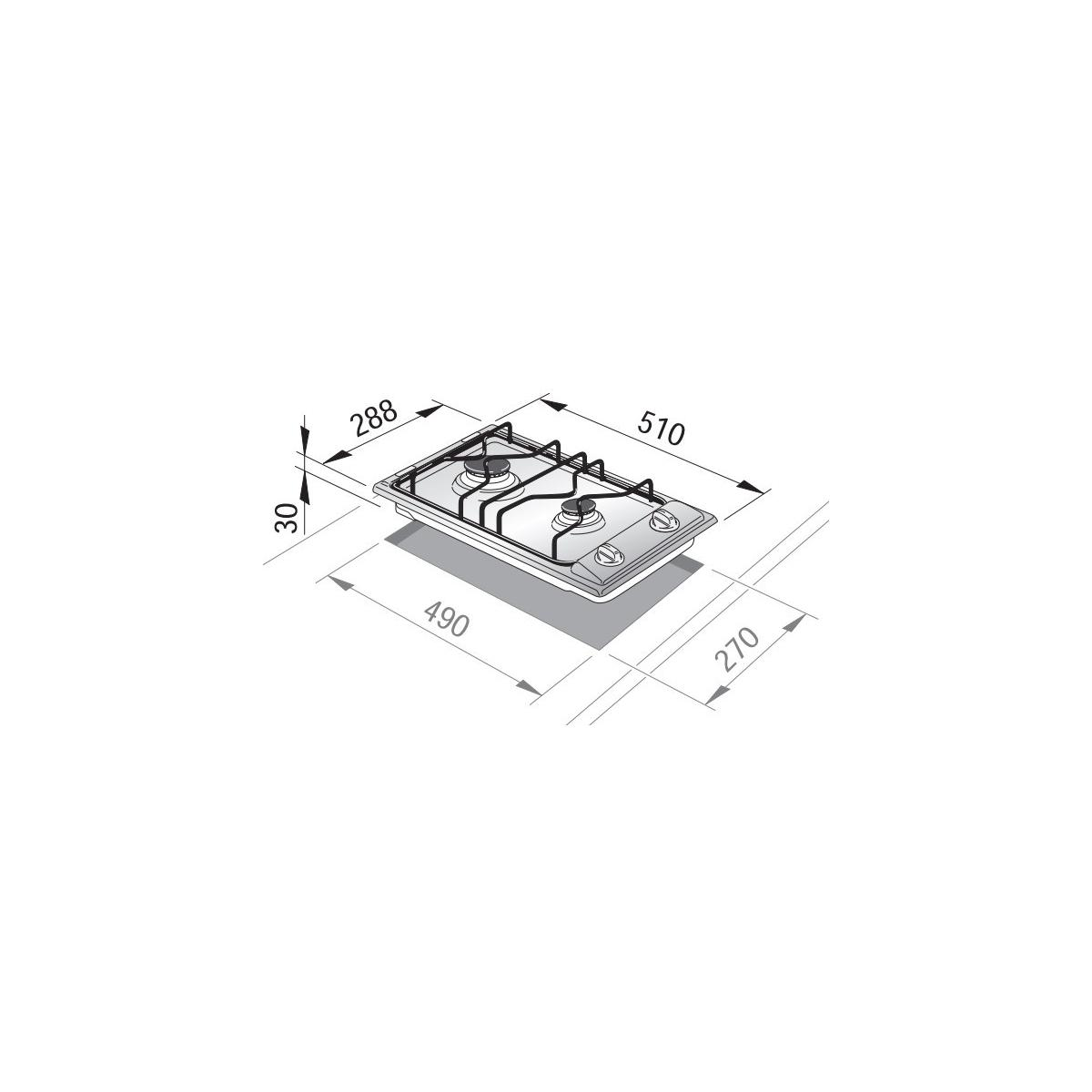 Cocina de gas de dos quemadores con soportes para ollas y dimensiones.
