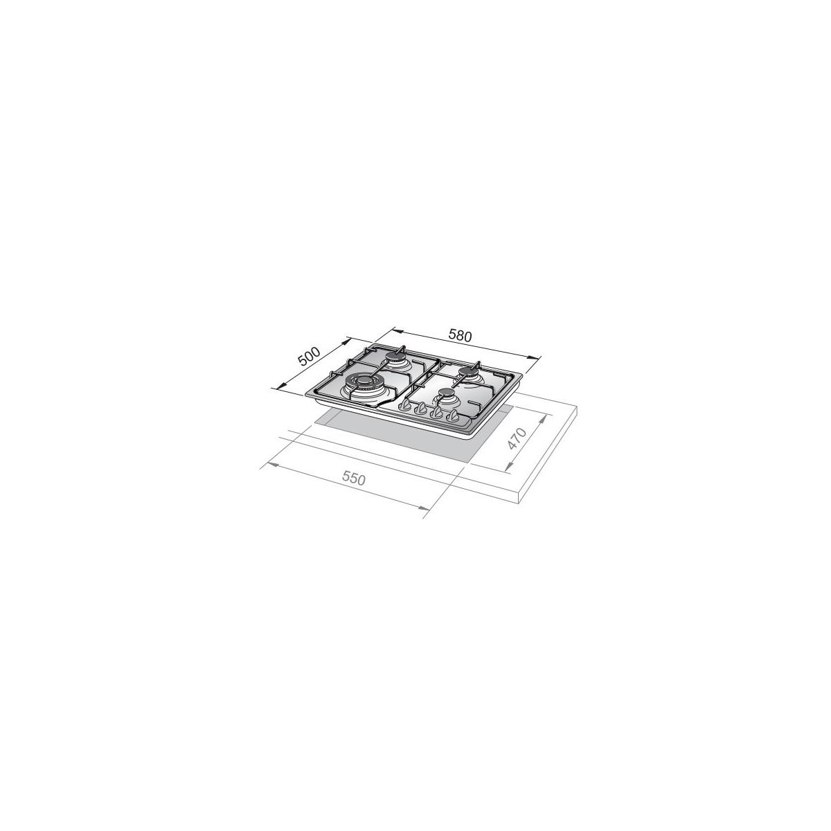 Disegno tecnico di un fornello a gas a quattro fuochi con dimensioni.