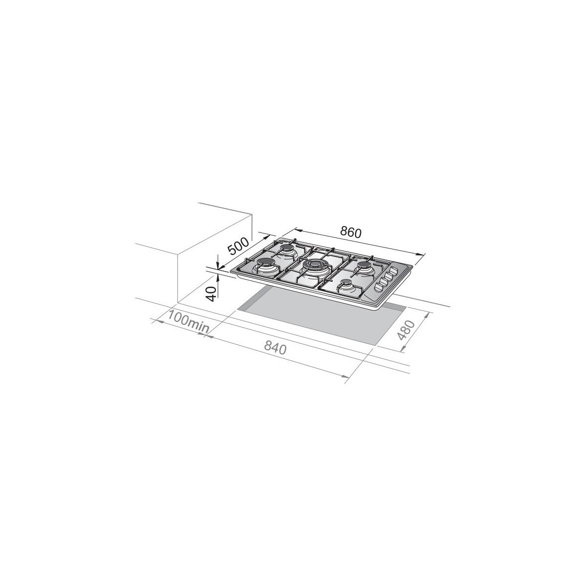 Disegno tecnico di un piano cottura a gas 860x500x40mm.