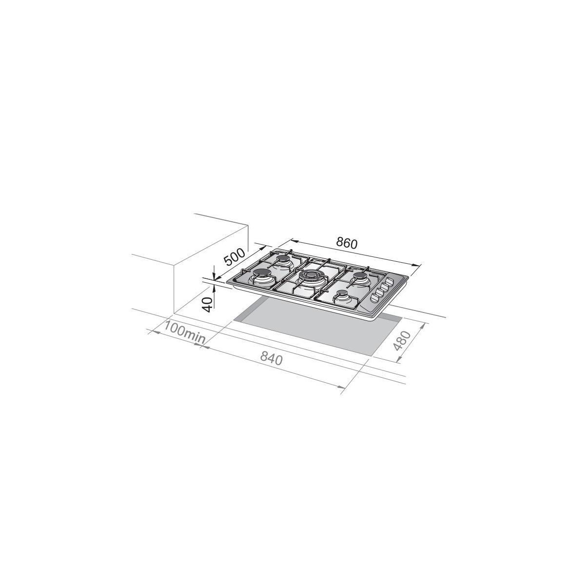 Disegno tecnico di un piano cottura a gas con dimensioni.