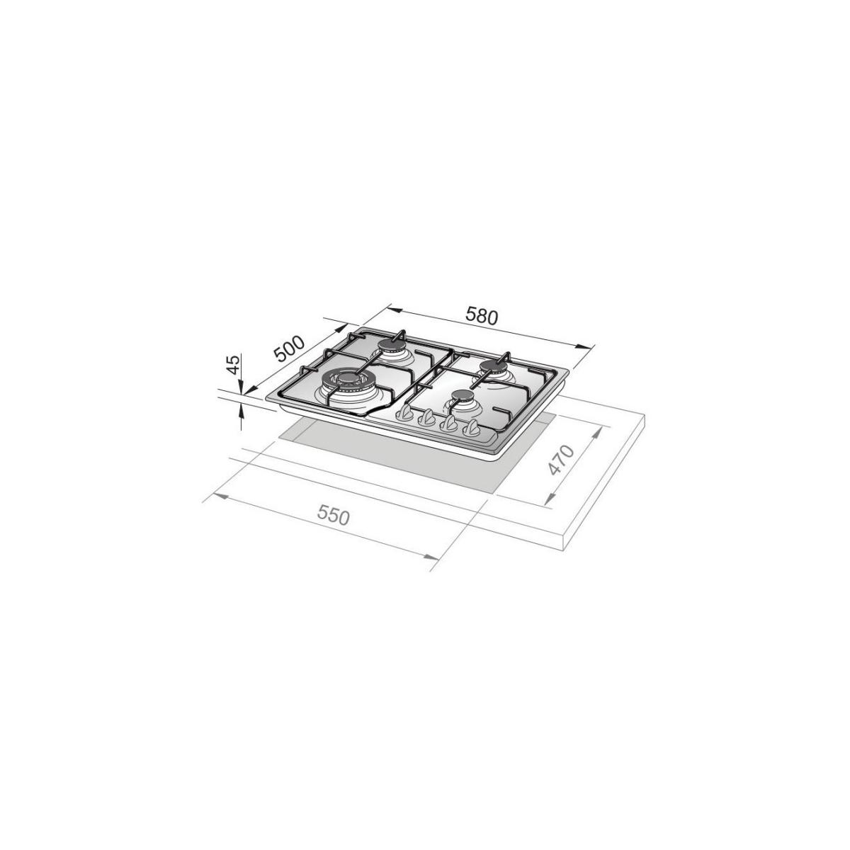 Encimera de gas empotrable con cuatro quemadores, dimensiones 580x500x45mm, hueco 550x470mm.