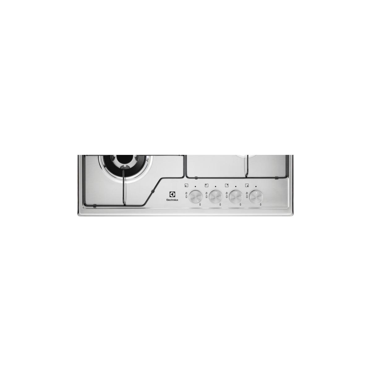 Un piano cottura a gas argentato da incasso con quattro manopole e logo Electrolux.