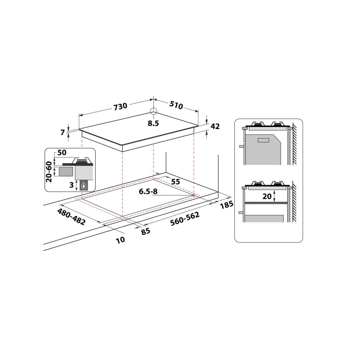 Disegno tecnico di un piano cottura con dimensioni in mm e dettagli di installazione.