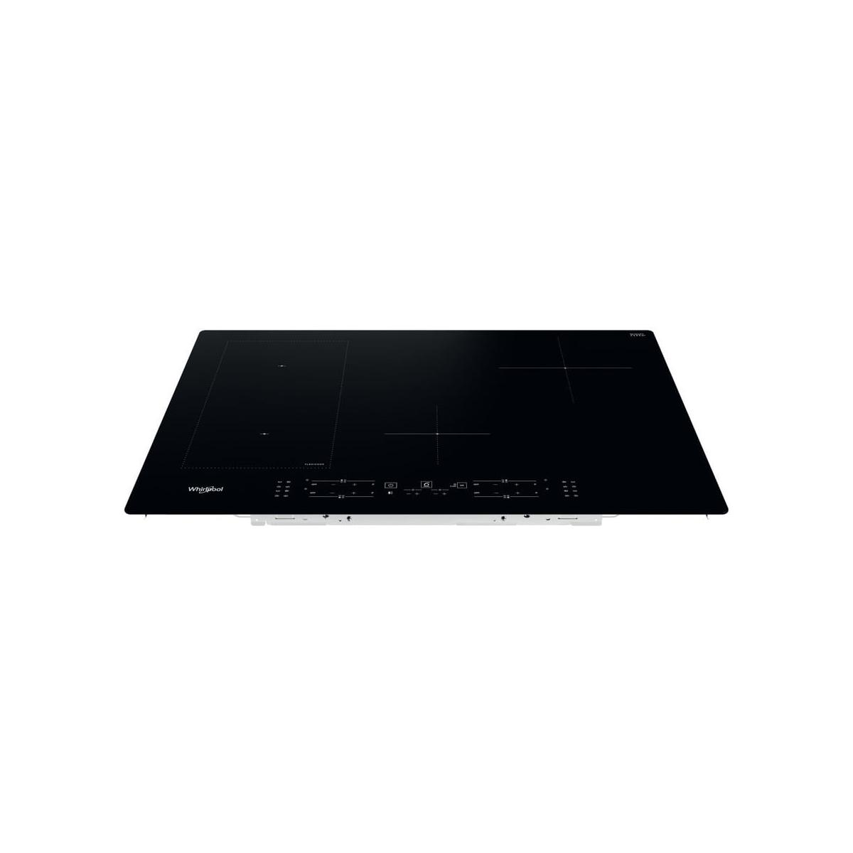 A black induction cooktop with four cooking zones and a touch control panel.