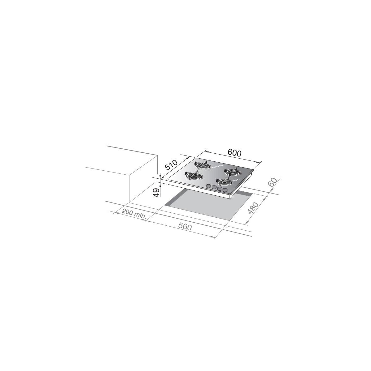 Disegno tecnico di un piano cottura a gas a quattro fuochi con dimensioni.