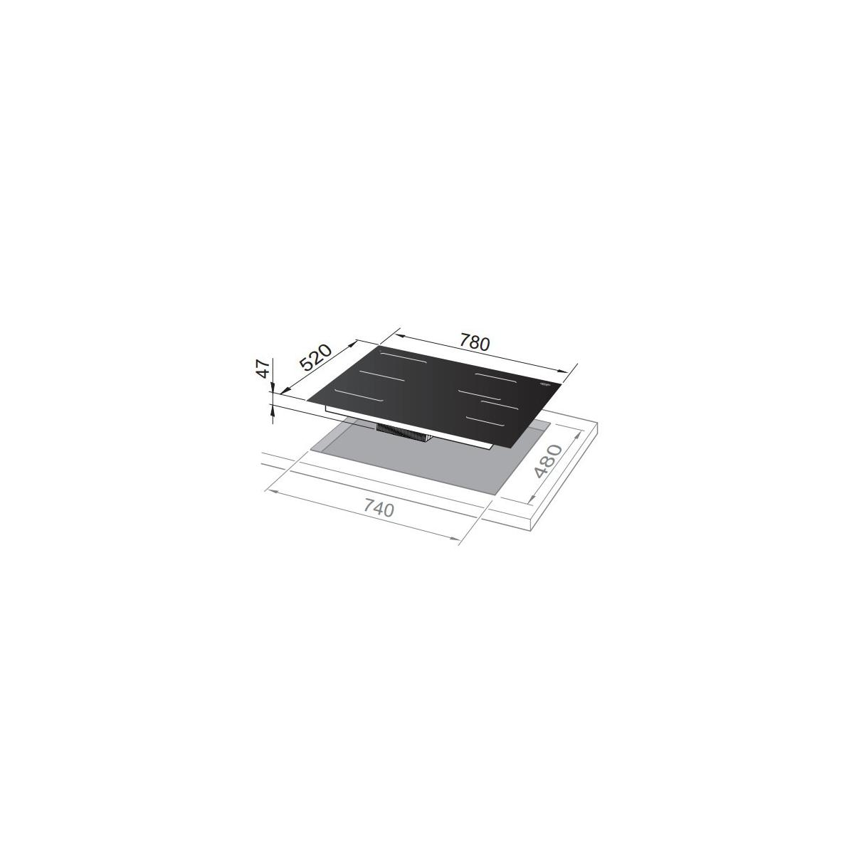 Piano cottura a induzione nero con dimensioni. Misura 780x520x47 mm e 740x480 mm.