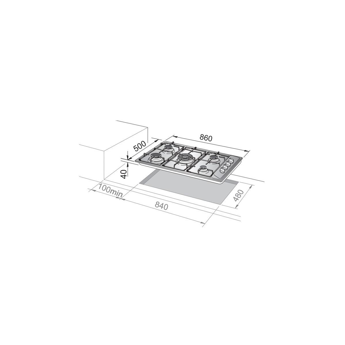 Rysunek techniczny płyty gazowej 860x500 mm z 4 palnikami.