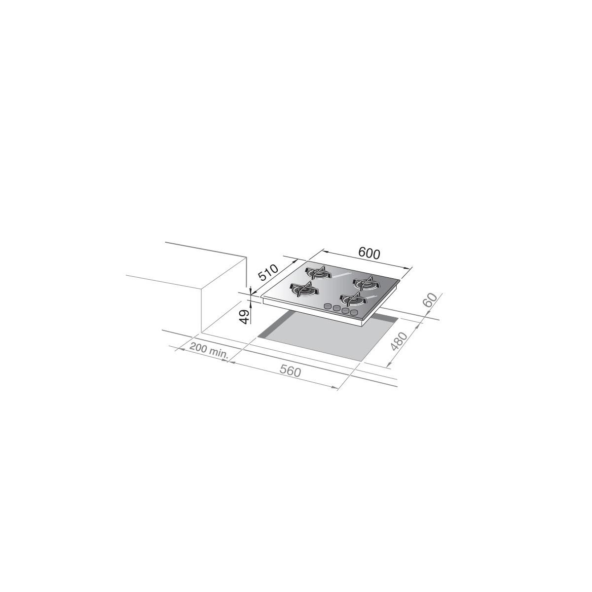Disegno tecnico di un piano cottura a gas 600x510 mm, spessore 49 mm.