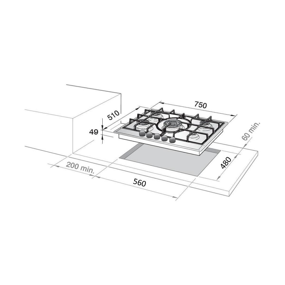 Placa de gas con cuatro quemadores, con dimensiones en un dibujo técnico.