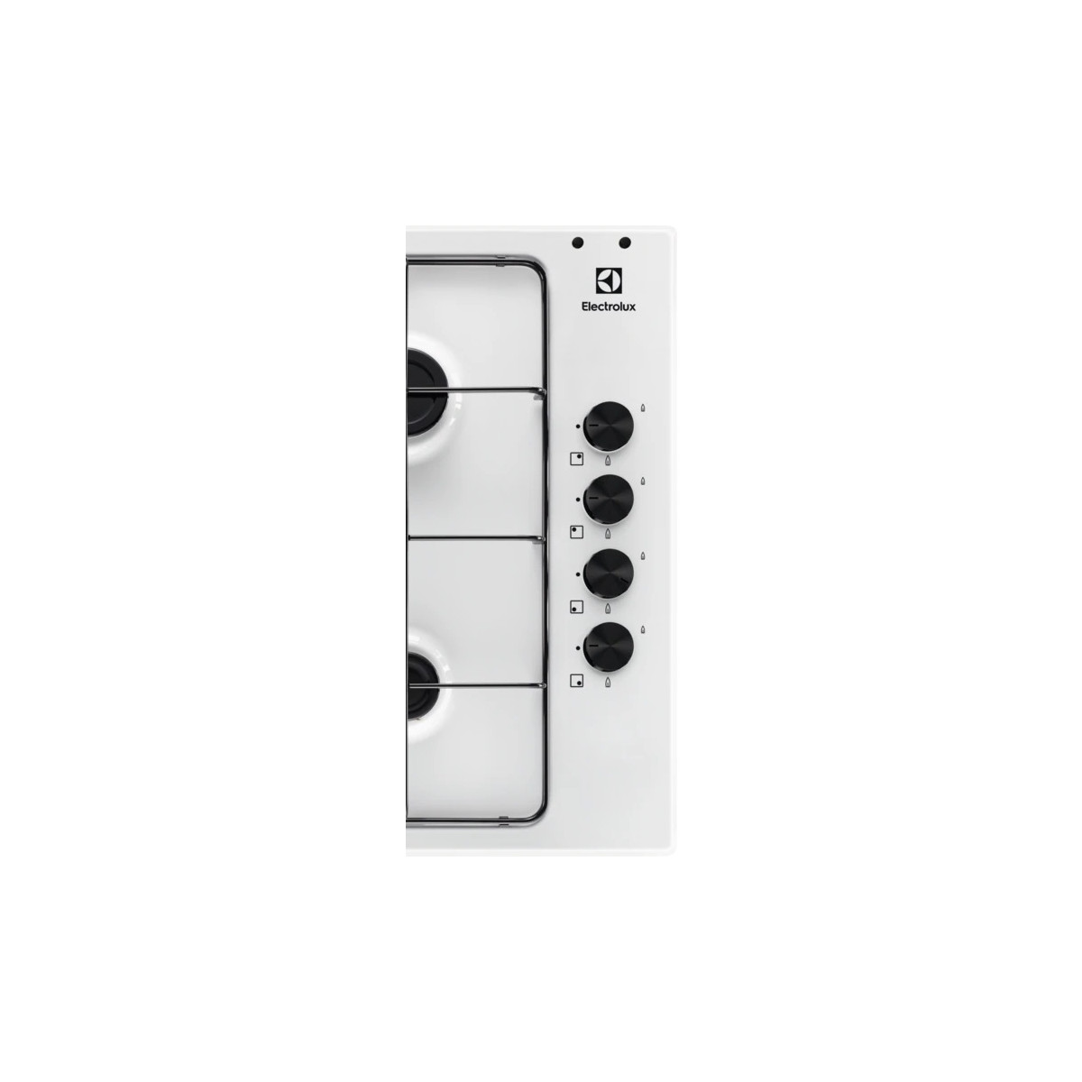 Un piano cottura a gas bianco con quattro manopole nere e logo Electrolux.