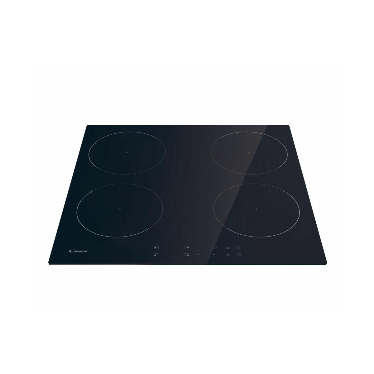 Plaque à induction noire avec quatre zones de cuisson et commandes tactiles.