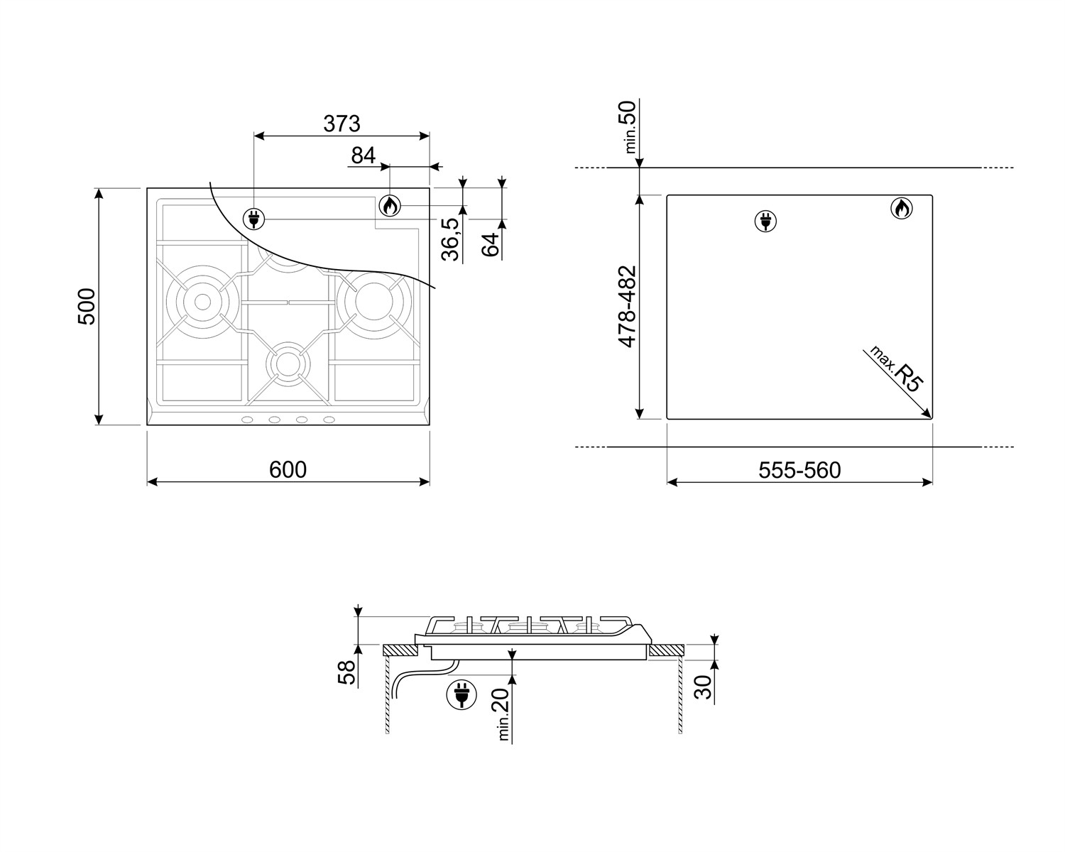Disegno tecnico di un piano cottura a gas con dimensioni e simboli.