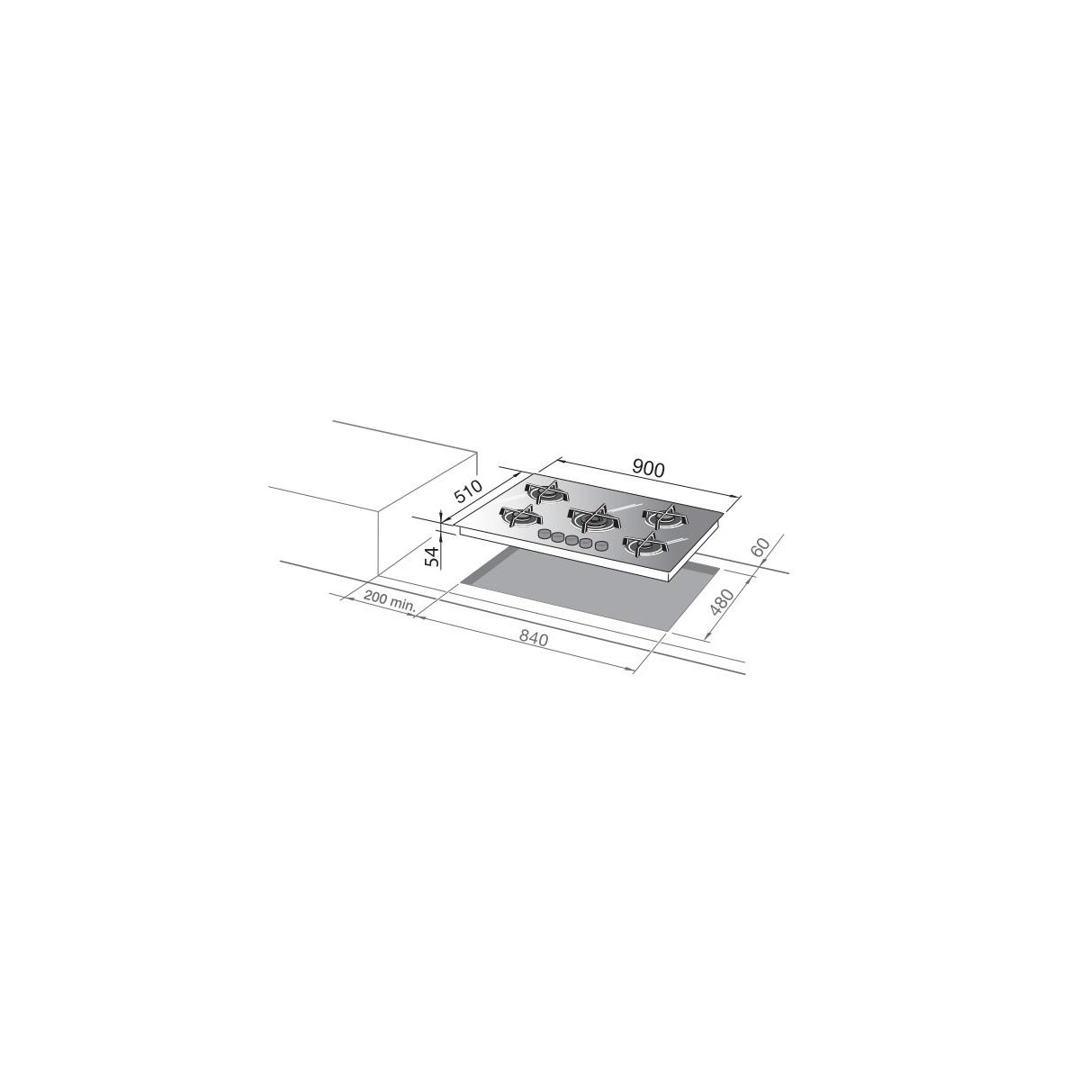 Technical drawing of a gas cooktop with dimensions.