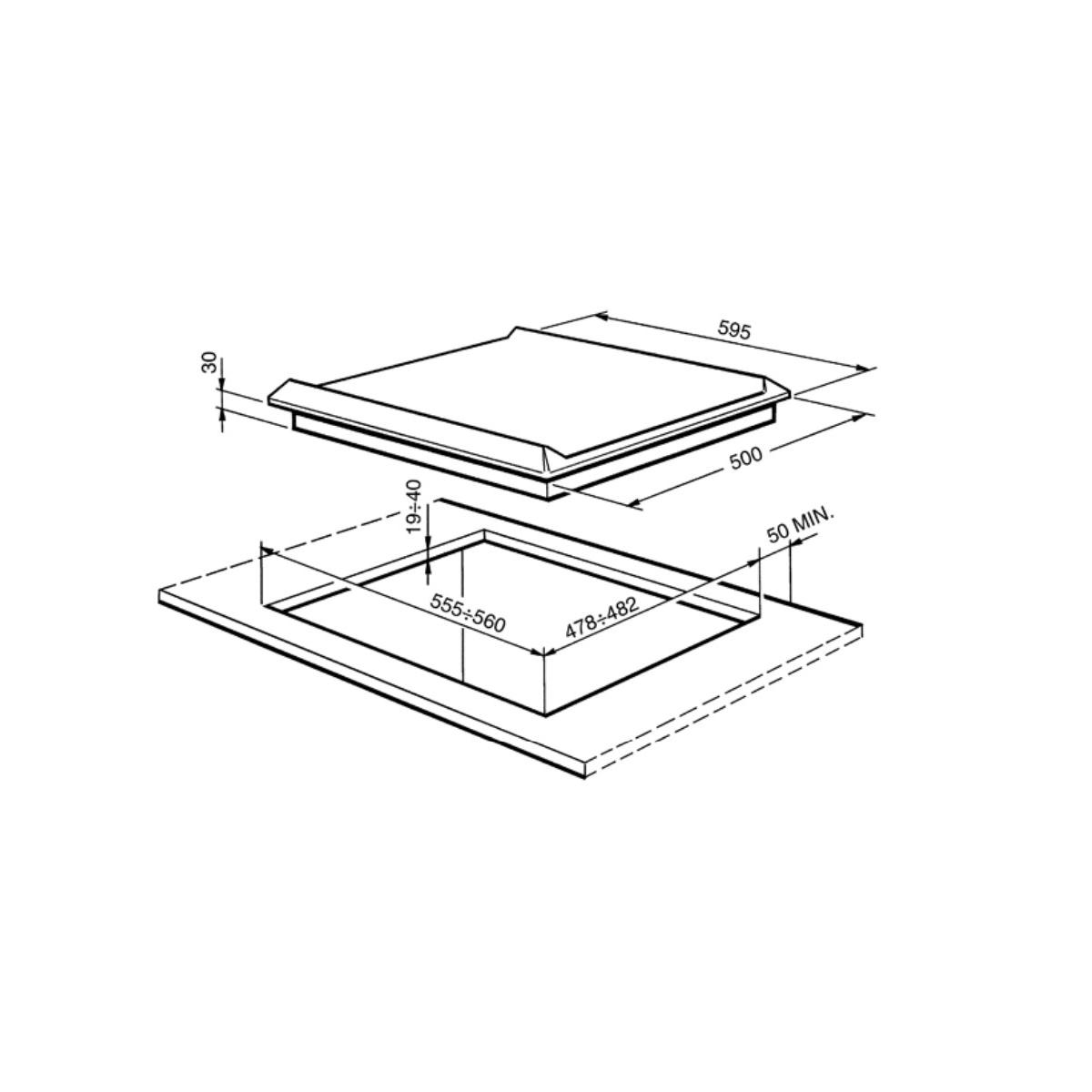 Disegno tecnico di un piano cottura con dimensioni e foro di installazione.