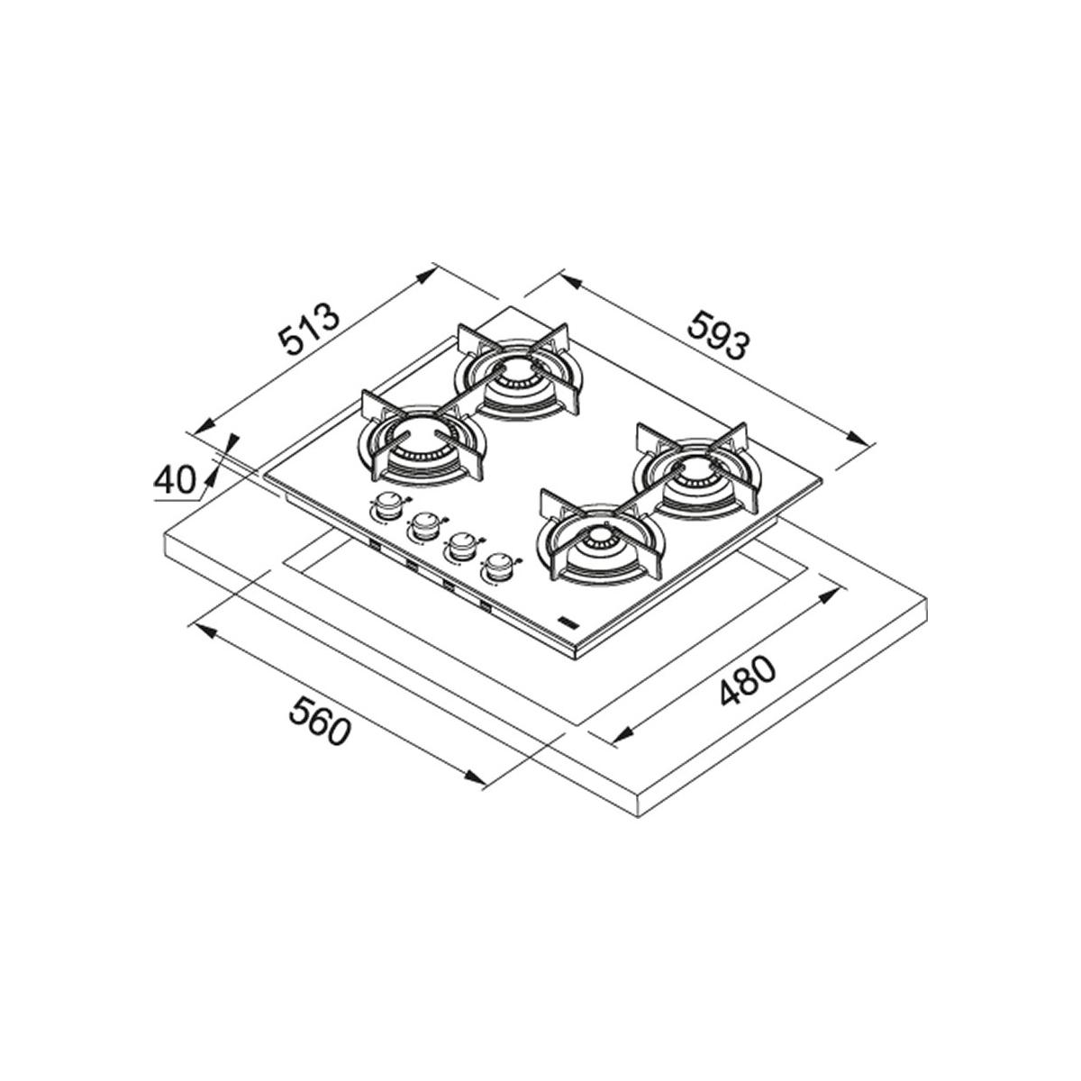Disegno tecnico di un piano cottura a gas a quattro fuochi con dimensioni.