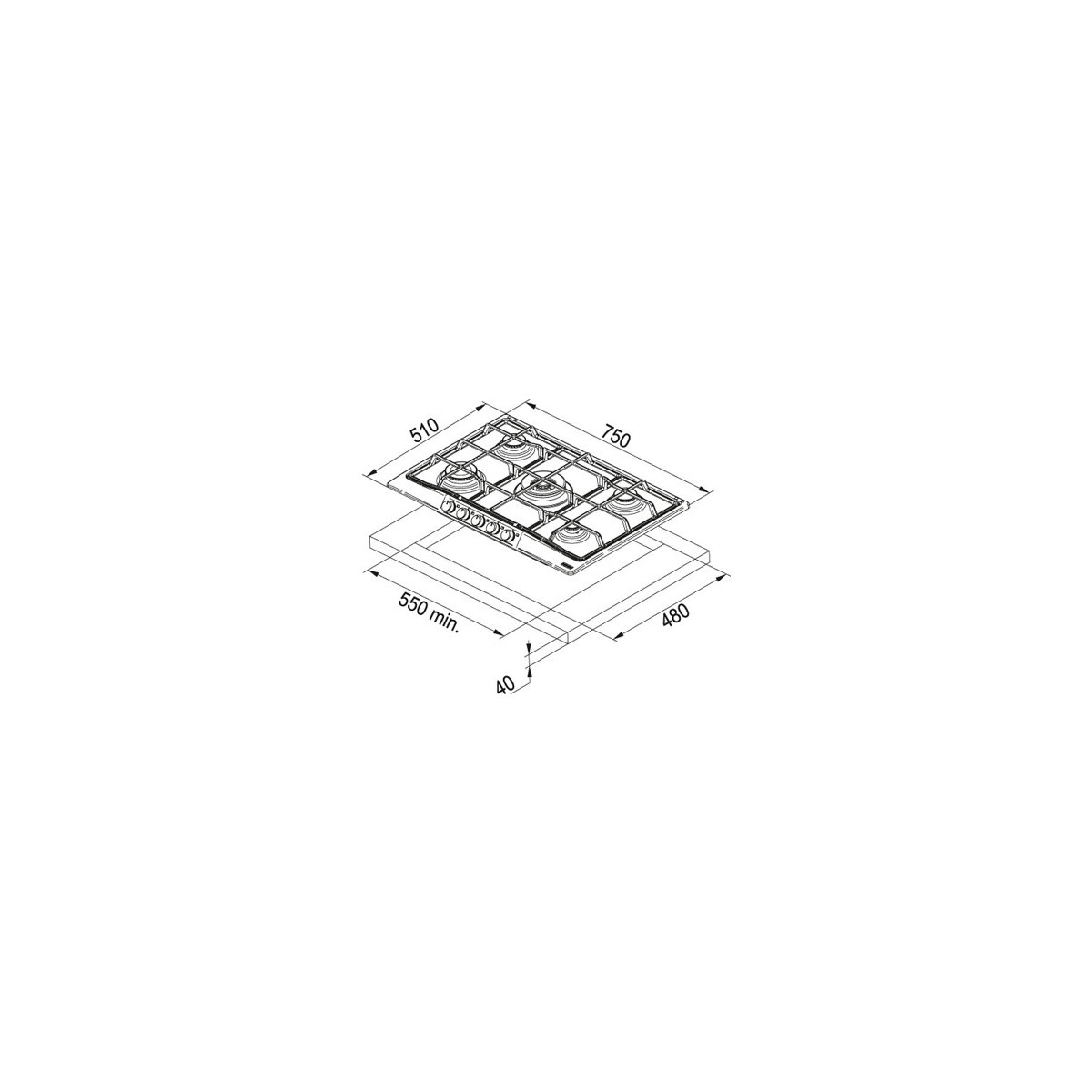 Disegno tecnico di un piano cottura a gas con dimensioni.