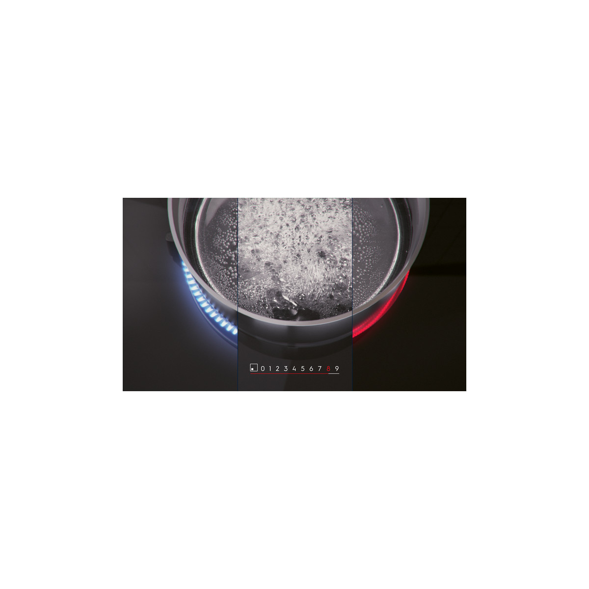 Una olla con agua hierve en una placa de inducción negra con elementos azules y rojos brillantes.