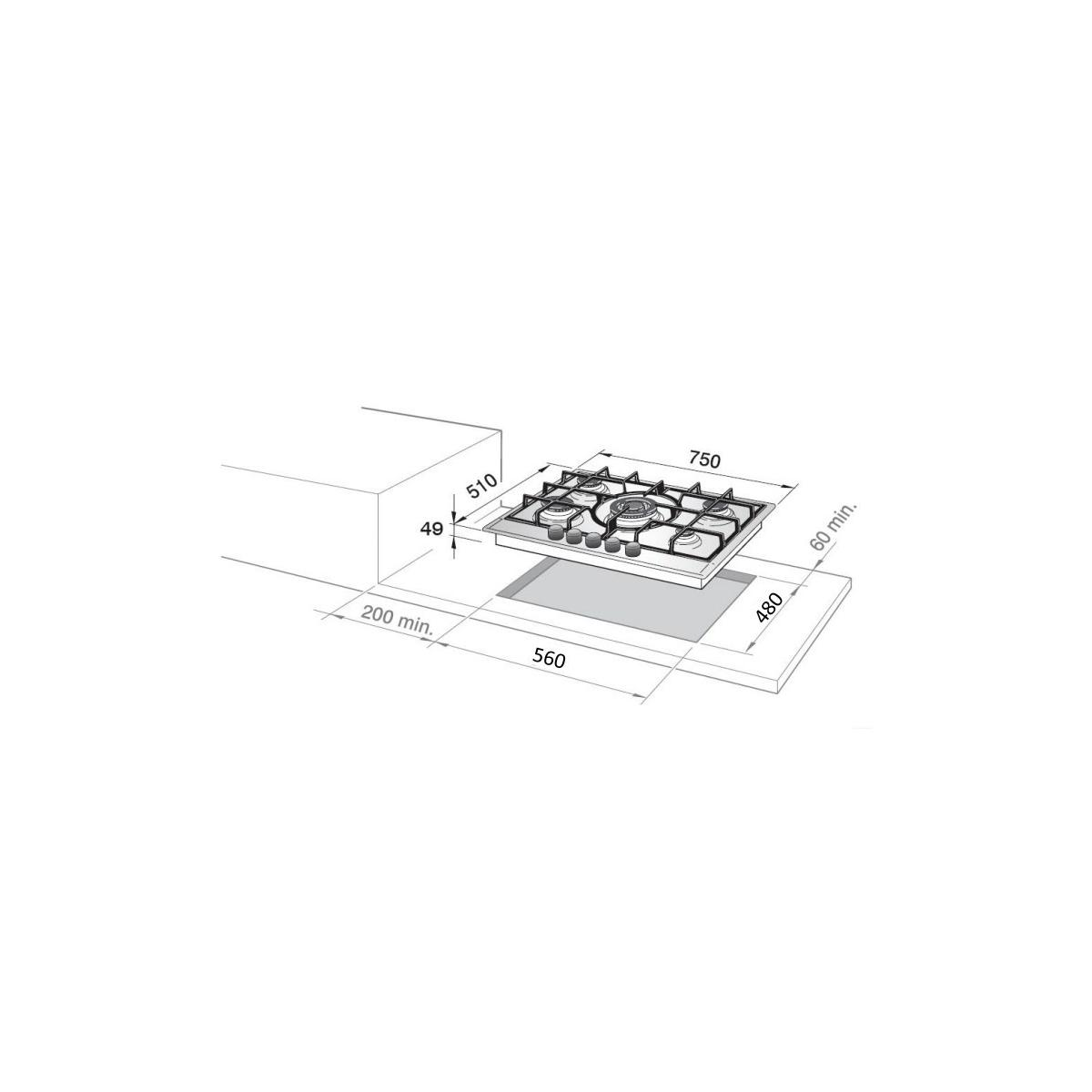 Disegno tecnico di un piano cottura a gas con dimensioni 750x560x49 mm.