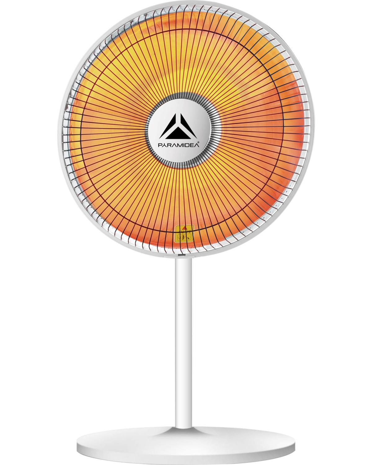 Riscaldatore elettrico bianco con spirali arancioni incandescenti e logo centrale su supporto.