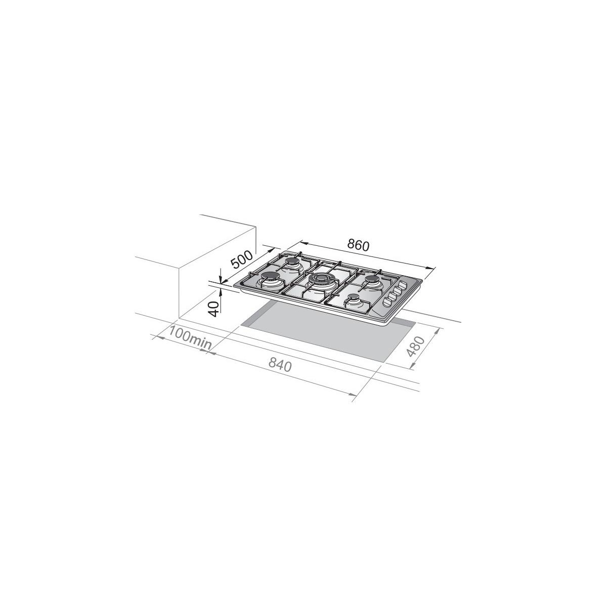 Dibujo técnico de una placa de gas de 860x500x40mm.